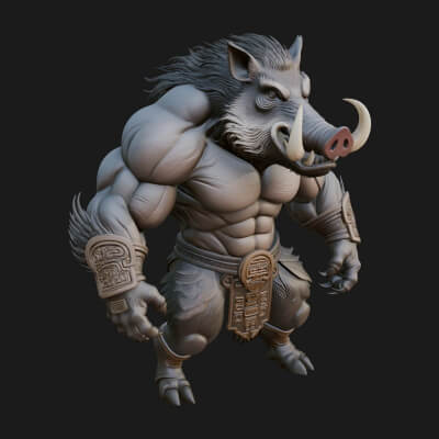 Warrior with Boar Head Statue Design 4 3D Print Model