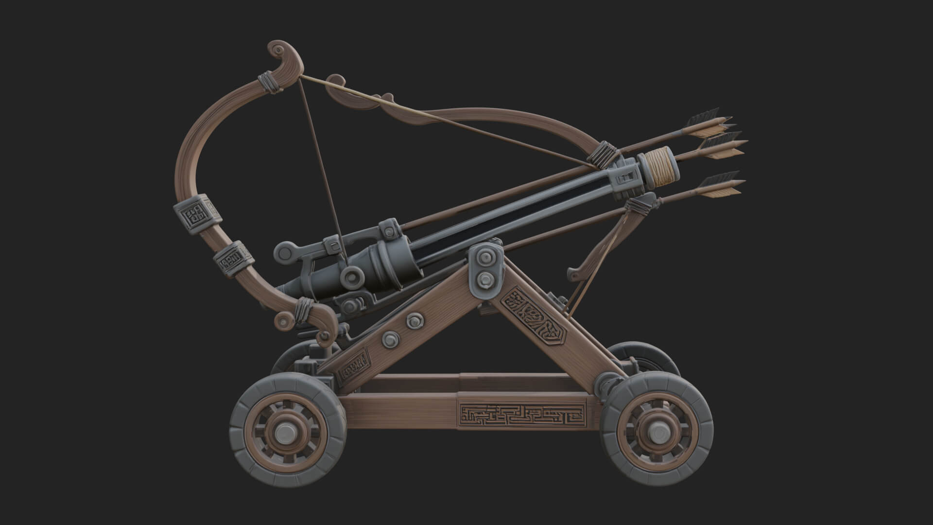 Wheeled Repeating Crossbow Model Design 4 3D Print Model 3D Model