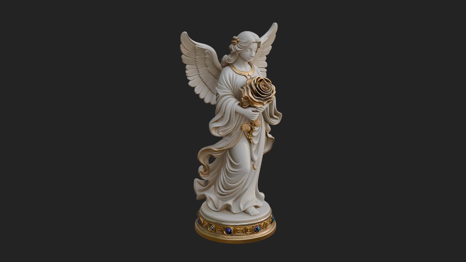 Winged Angel With Rose Flower Statue Design 1 3D Print Model 3D Model