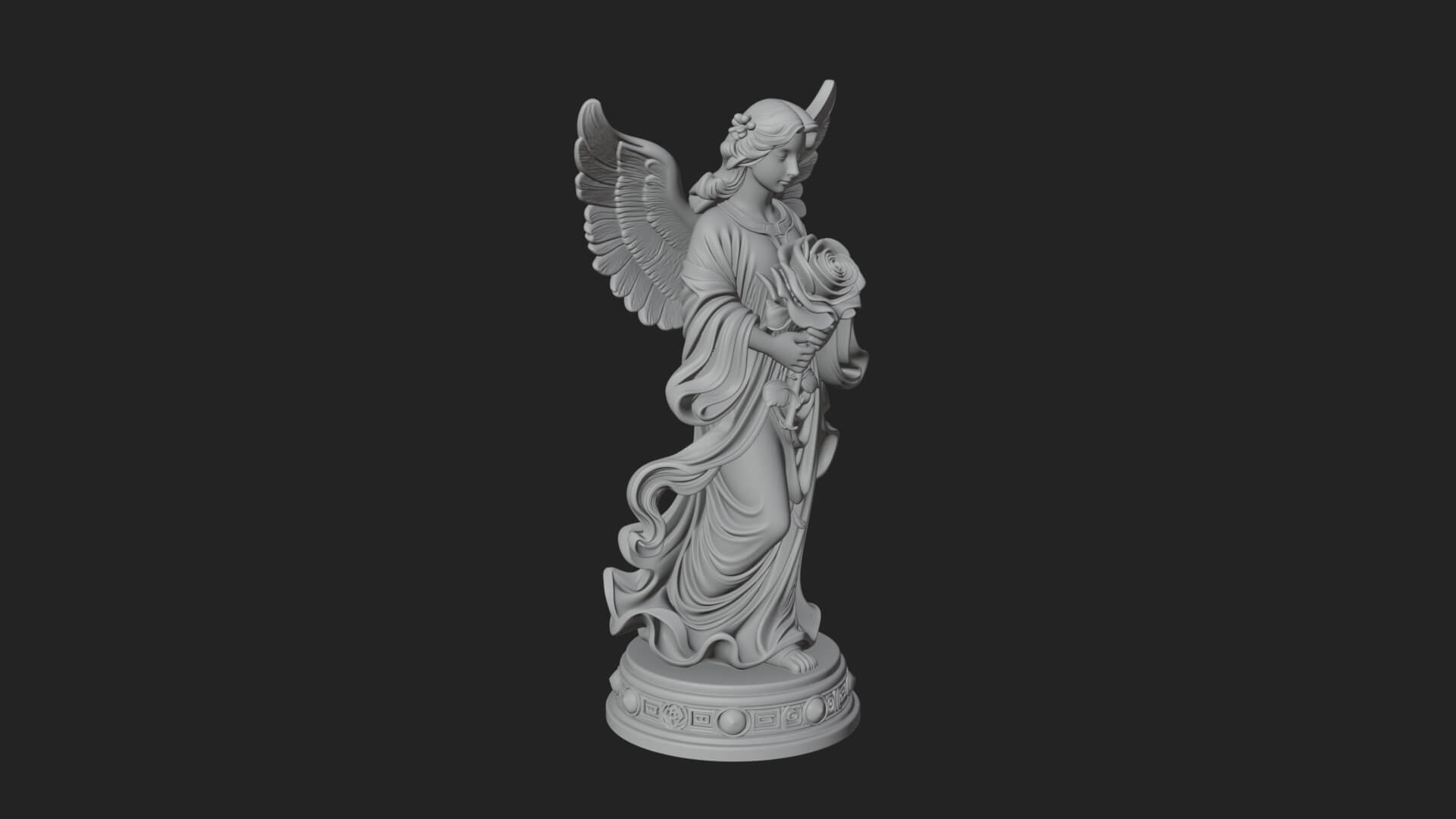Winged Angel With Rose Flower Statue Design 1 3D Print Model 3D Model