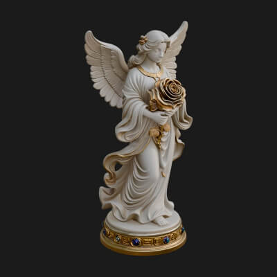 Winged Angel With Rose Flower Statue Design 1 3D Print Model