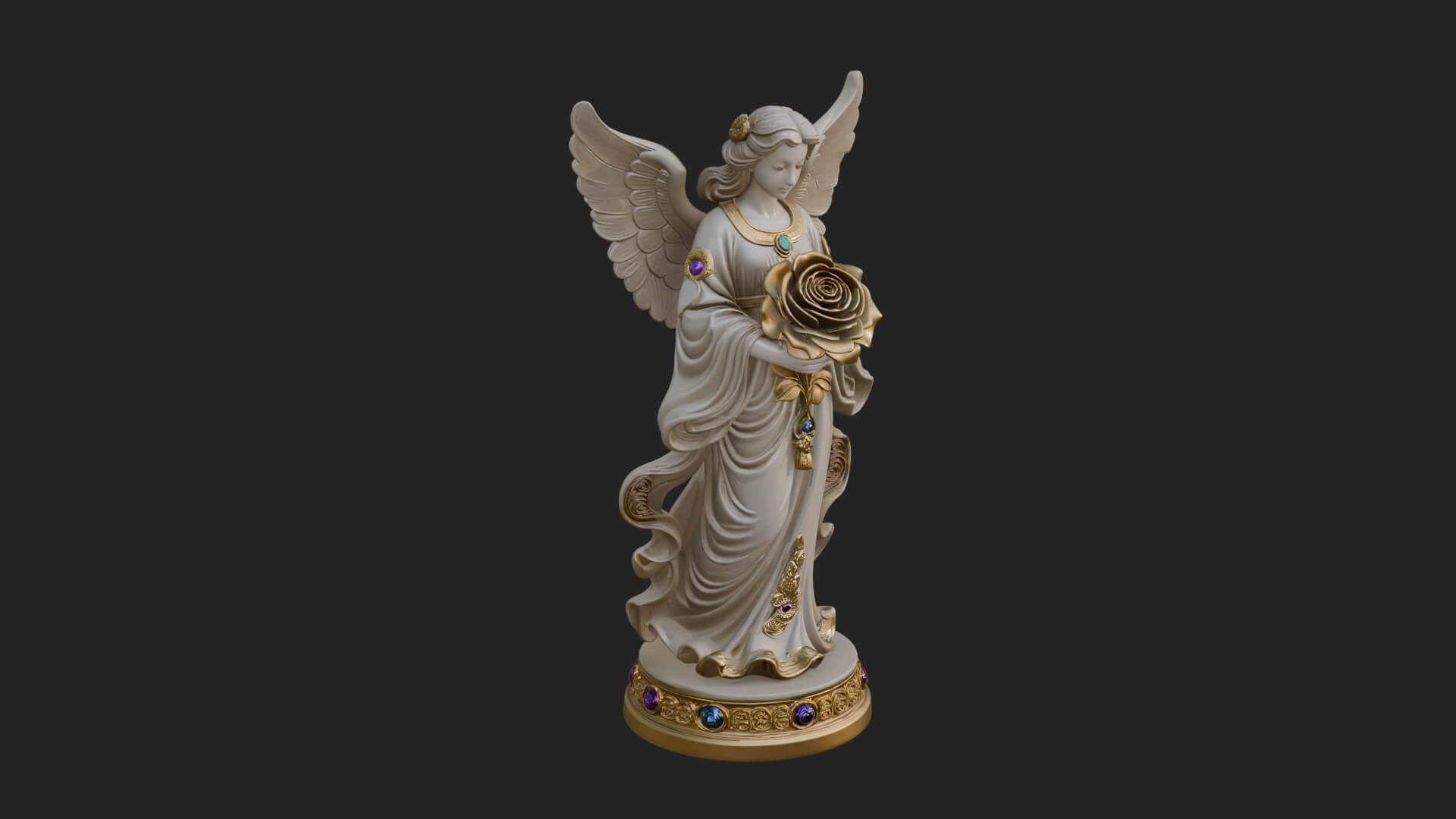 Winged Angel With Rose Flower Statue Design 2 3D Print Model 3D Model