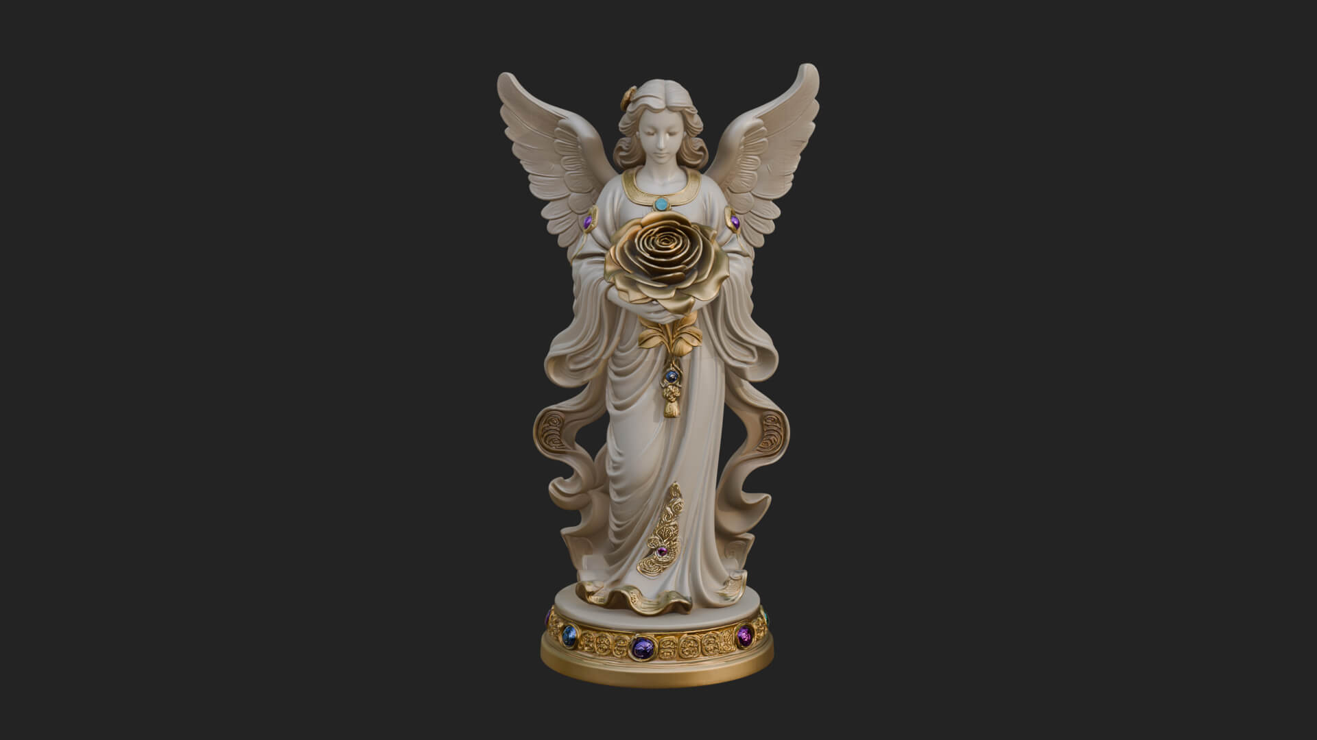Winged Angel With Rose Flower Statue Design 2 3D Print Model 3D Model