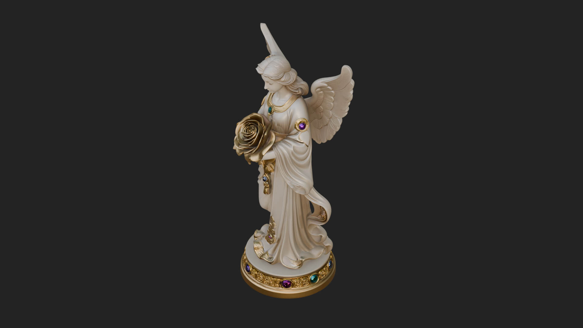 Winged Angel With Rose Flower Statue Design 2 3D Print Model 3D Model