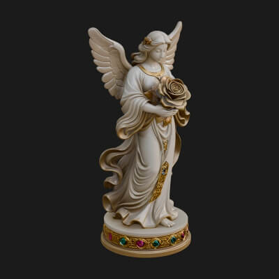 Winged Angel With Rose Flower Statue Design 3 3D Print Model