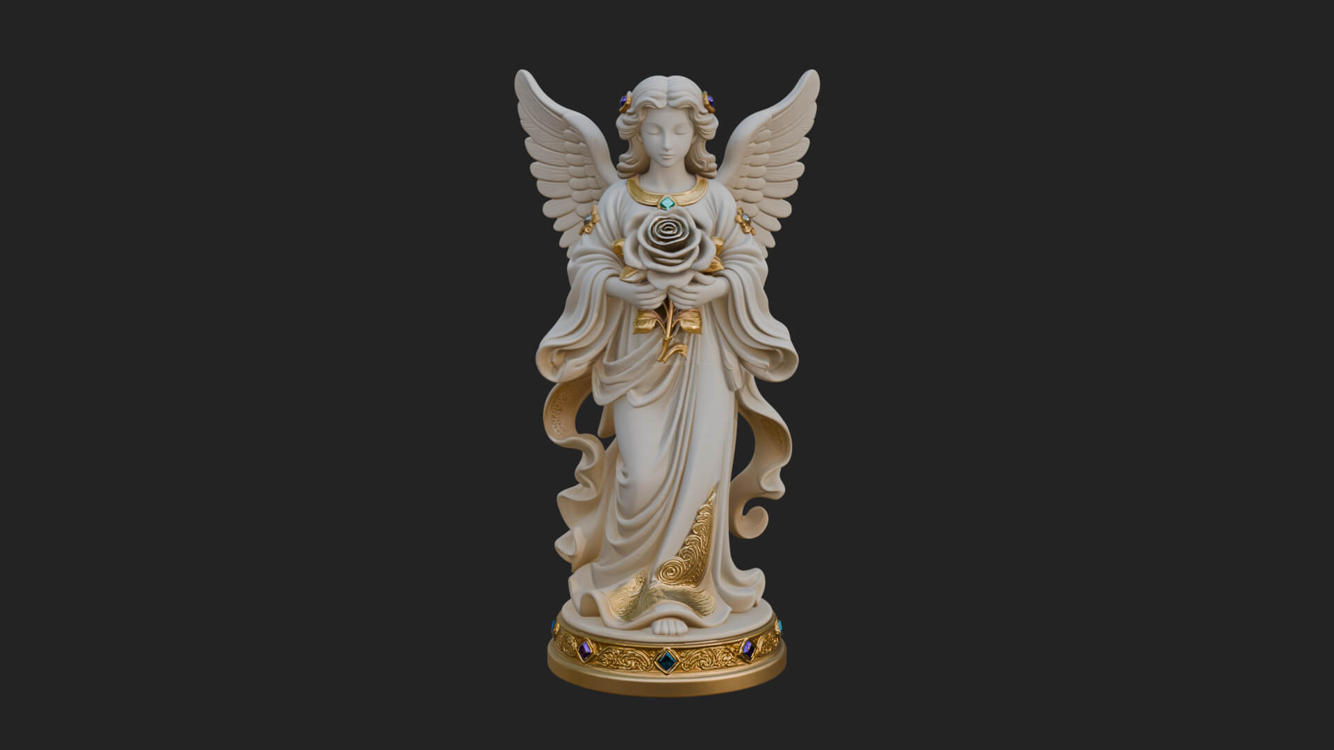 Winged Angel With Rose Flower Statue Design 4 3D Print Model 3D Model