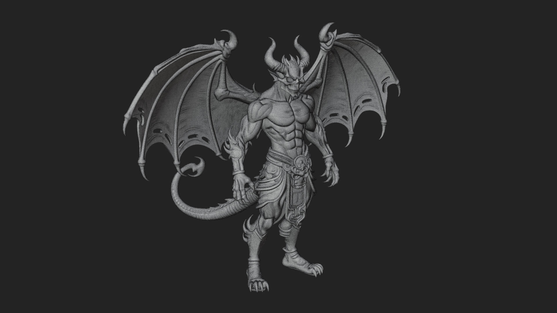 Winged Horned Demon Statue Design 1 3D Print Model 3D Model