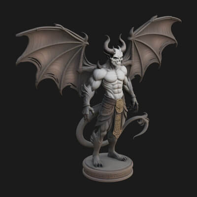 Winged Horned Demon Statue Design 5 3D Print Model