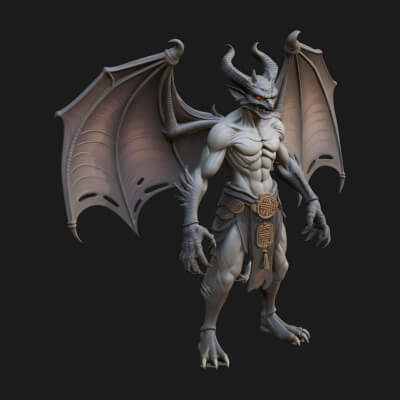 Winged Horned Demon Statue Design 7 3D Print Model