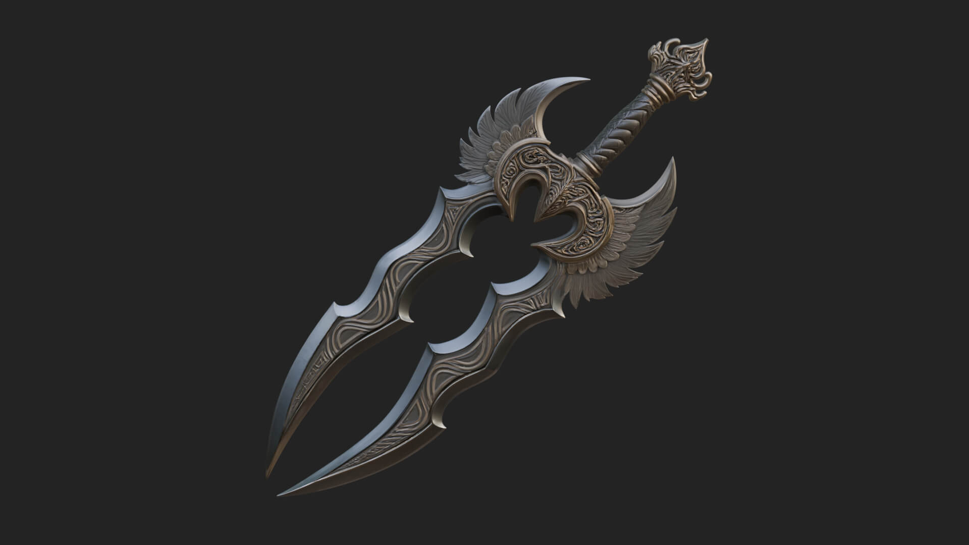 Winged Triple Blade Sword Model Design 2 3D Print Model 3D Model