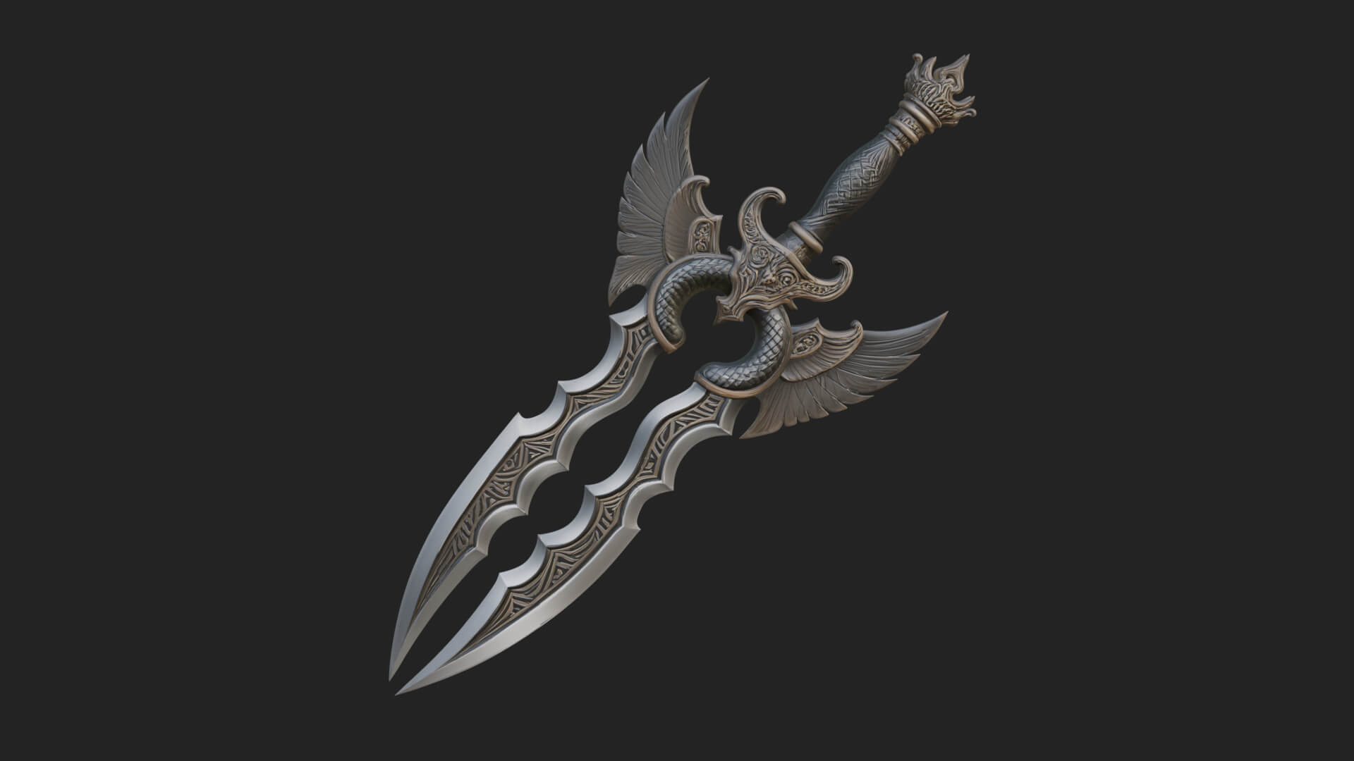 Winged Triple Blade Sword Model Design 4 3D Print Model 3D Model