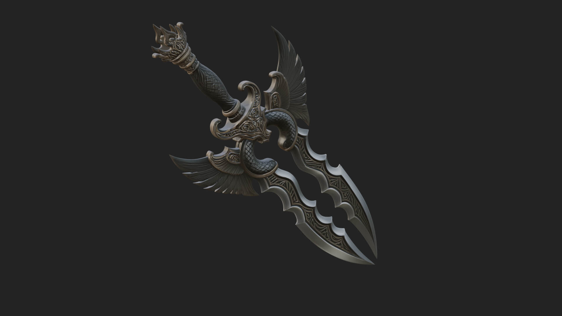 Winged Triple Blade Sword Model Design 4 3D Print Model 3D Model