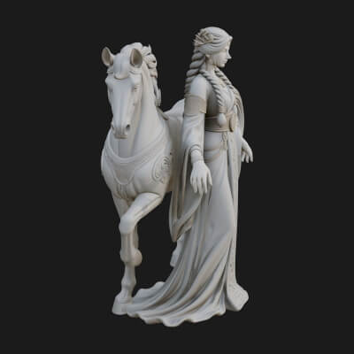 Woman with White Horse Statue Design 2 3D Print Model