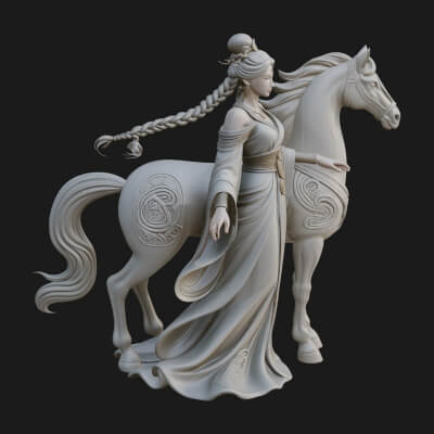 Woman with White Horse Statue Design 3 3D Print Model