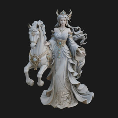 Woman with White Horse Statue Design 4 3D Print Model
