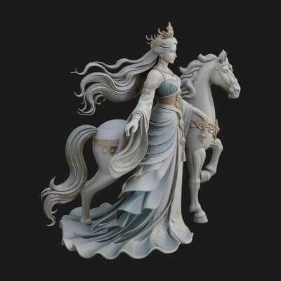 Woman with White Horse Statue Design 5 3D Print Model