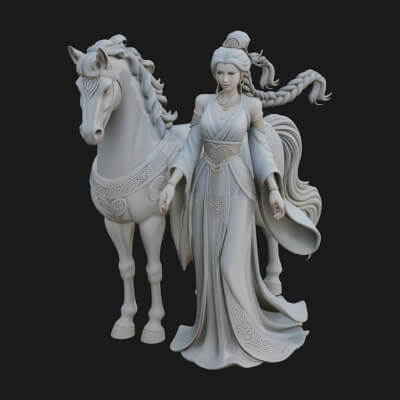 Woman with White Horse Statue Design 6 3D Print Model