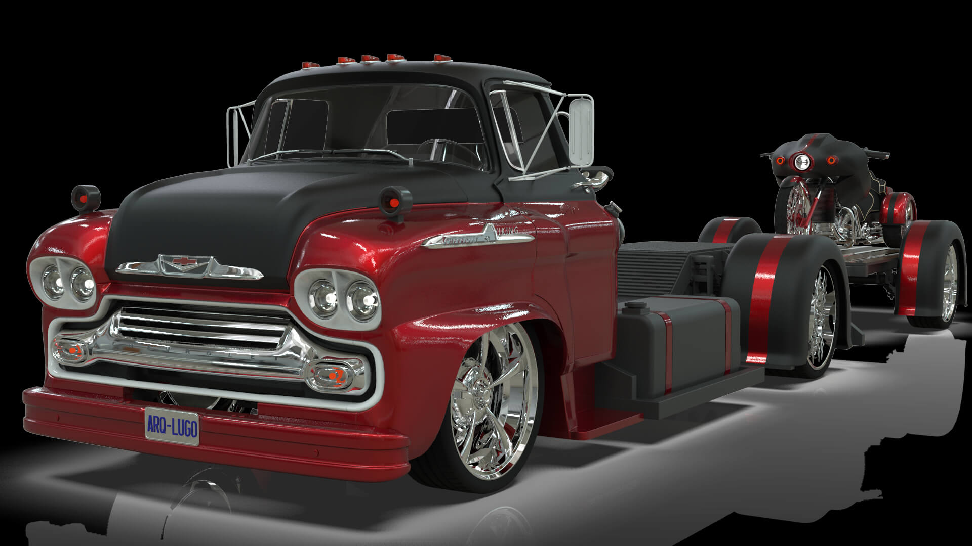 1958 Viking 50 Custom Lowrider Truck with Trailer and Motorc 3D Model