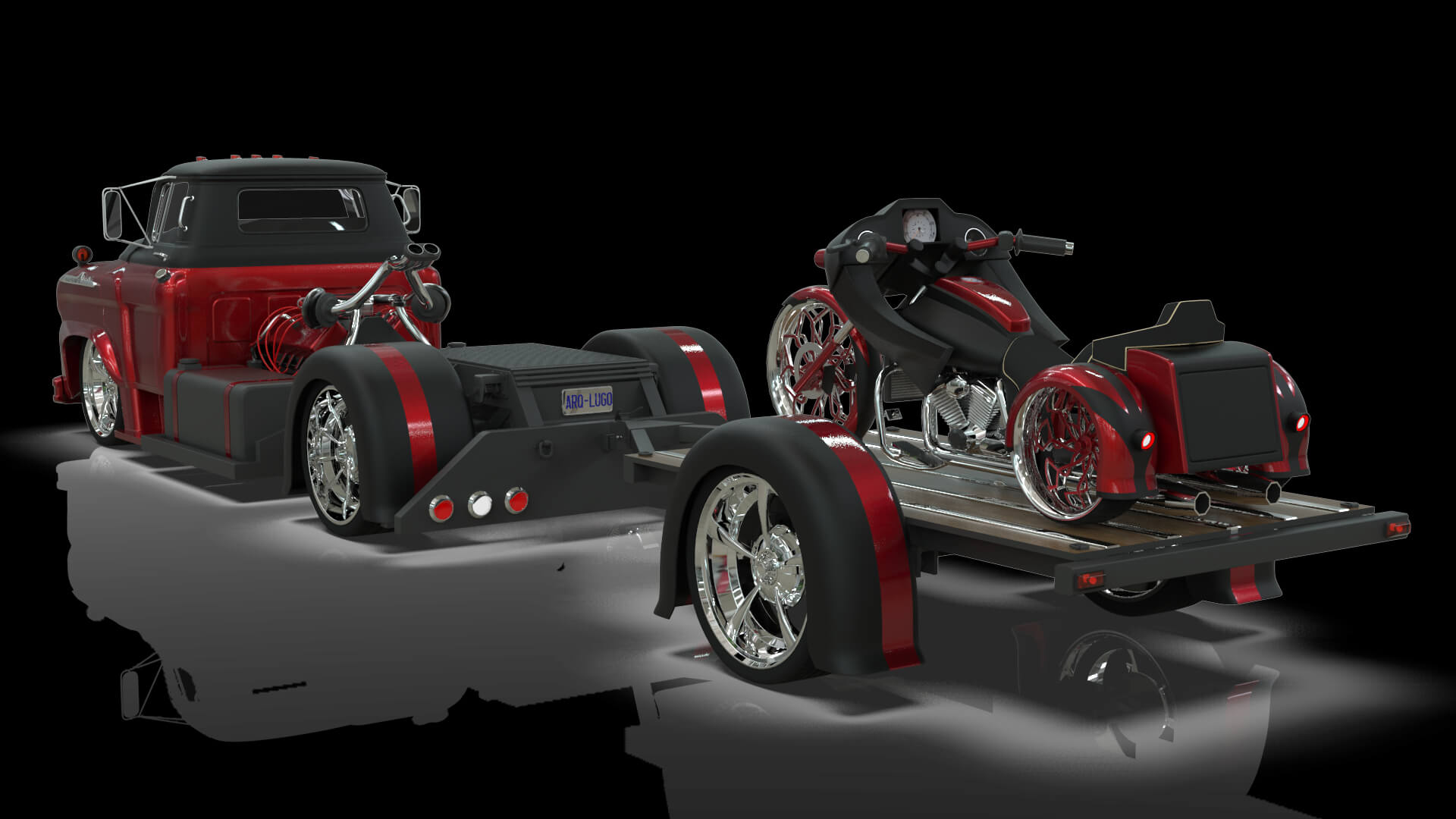 1958 Viking 50 Custom Lowrider Truck with Trailer and Motorc 3D Model