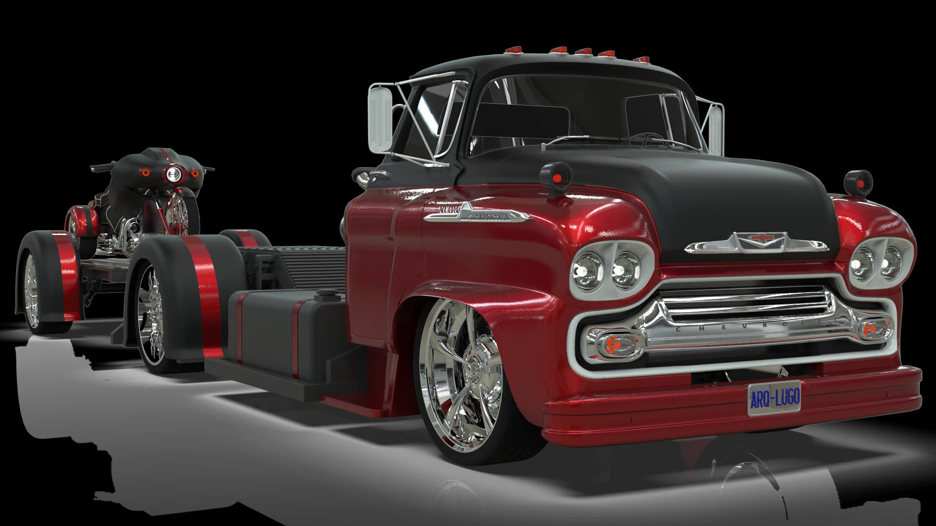 1958 Viking 50 Custom Lowrider Truck with Trailer and Motorc 3D Model