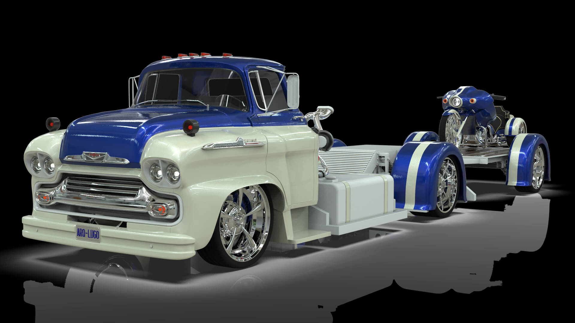 1958 Viking 50 Custom Lowrider Truck with Trailer and Motorc 3D Model