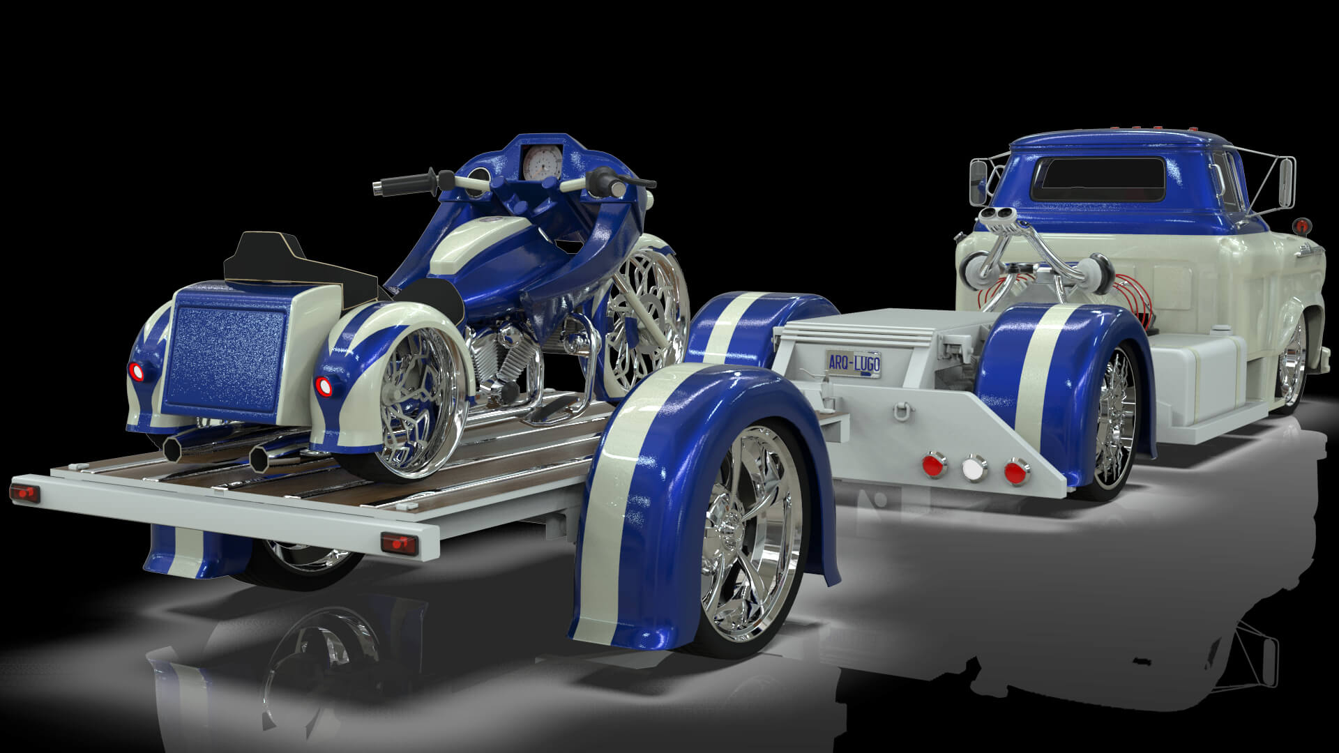 1958 Viking 50 Custom Lowrider Truck with Trailer and Motorc 3D Model