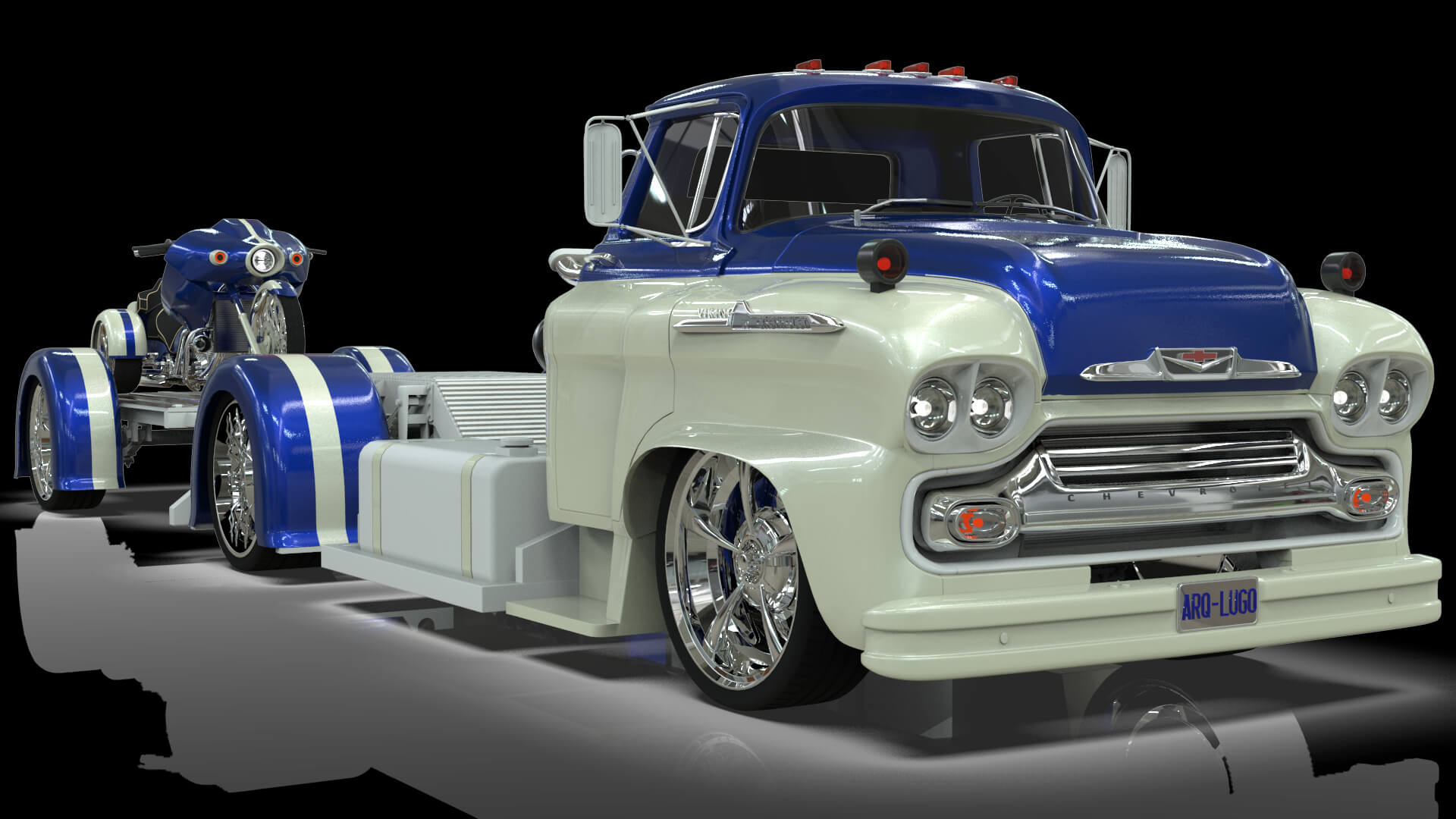 1958 Viking 50 Custom Lowrider Truck with Trailer and Motorc 3D Model