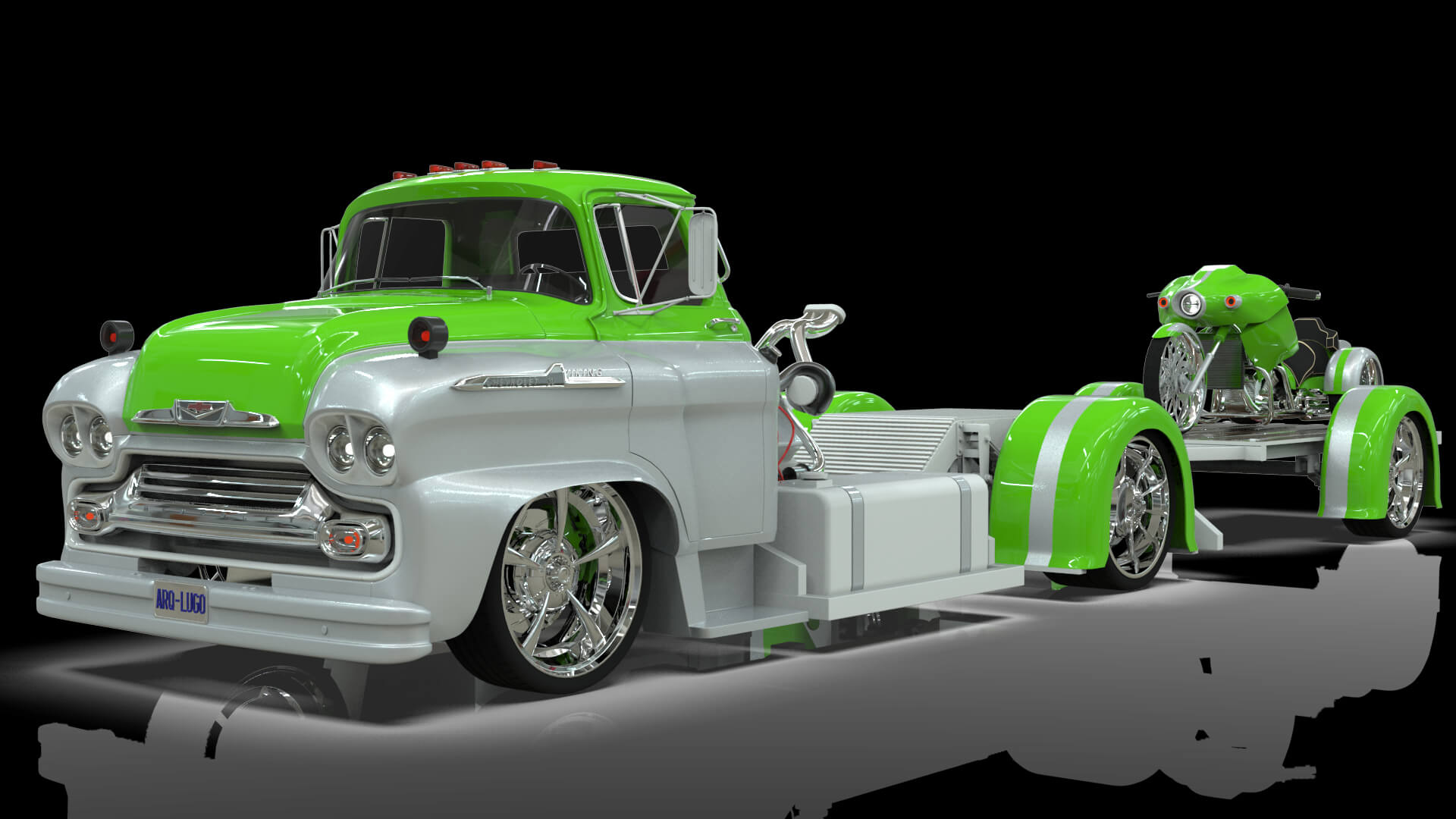 1958 Viking 50 Custom Lowrider Truck with Trailer and Motorc 3D Model