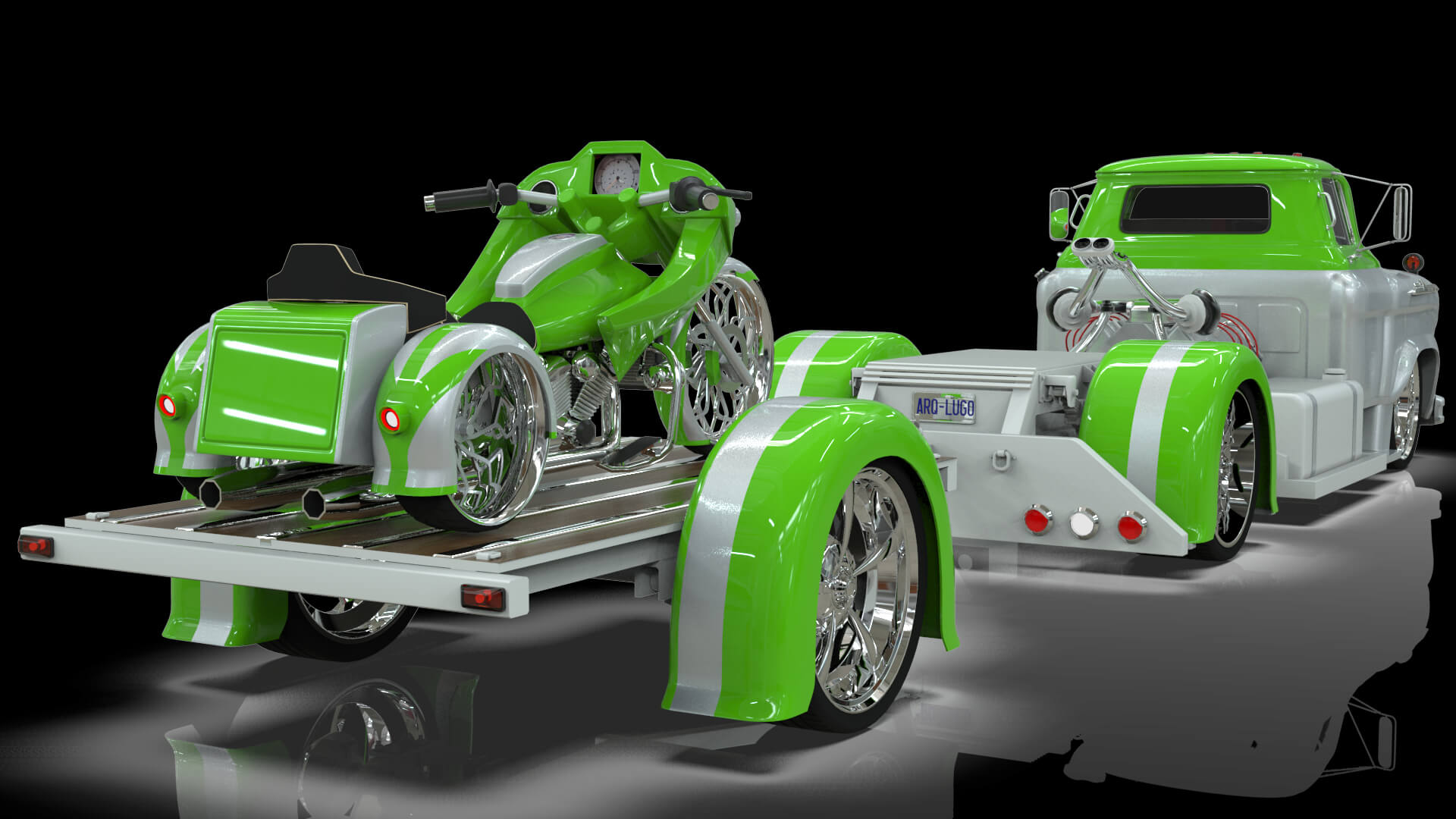 1958 Viking 50 Custom Lowrider Truck with Trailer and Motorc 3D Model