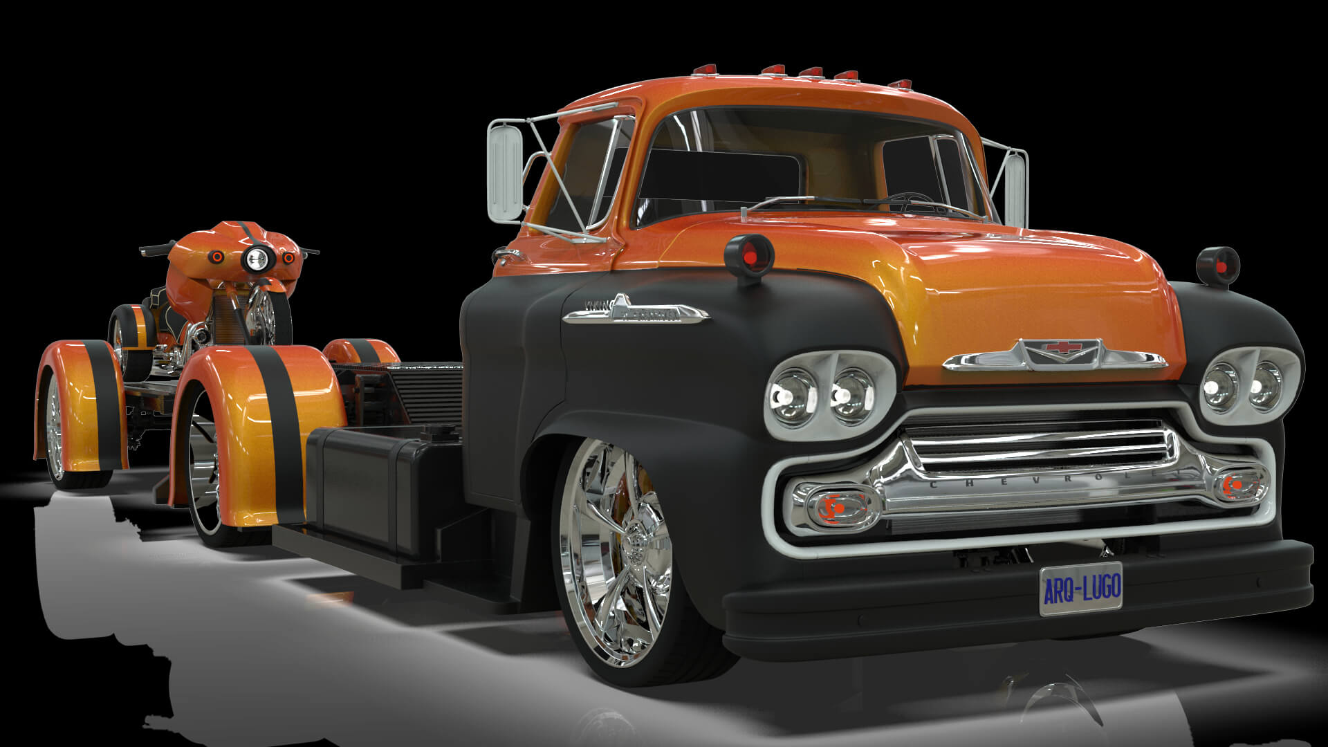 1958 Viking 50 Custom Lowrider Truck with Trailer and Motorc 3D Model