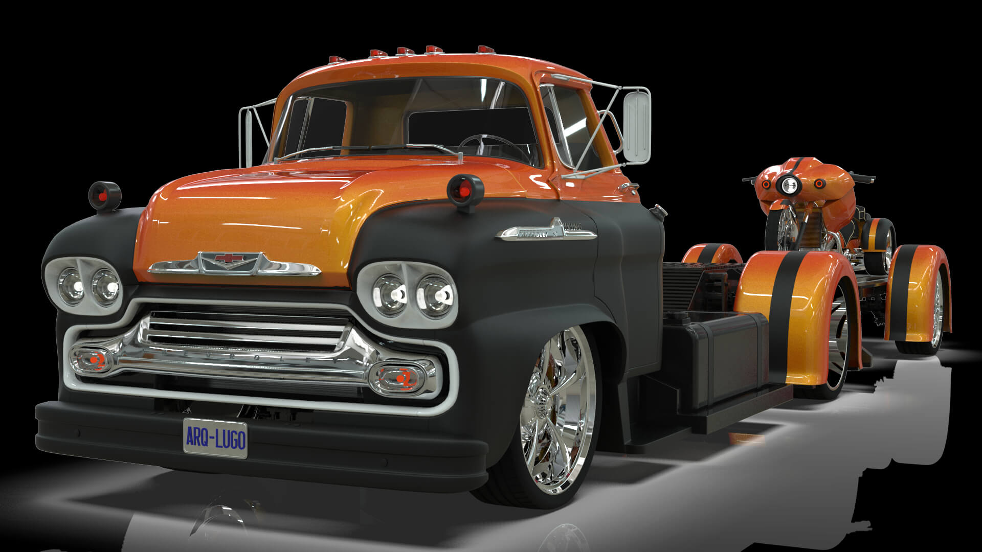 1958 Viking 50 Custom Lowrider Truck with Trailer and Motorc 3D Model