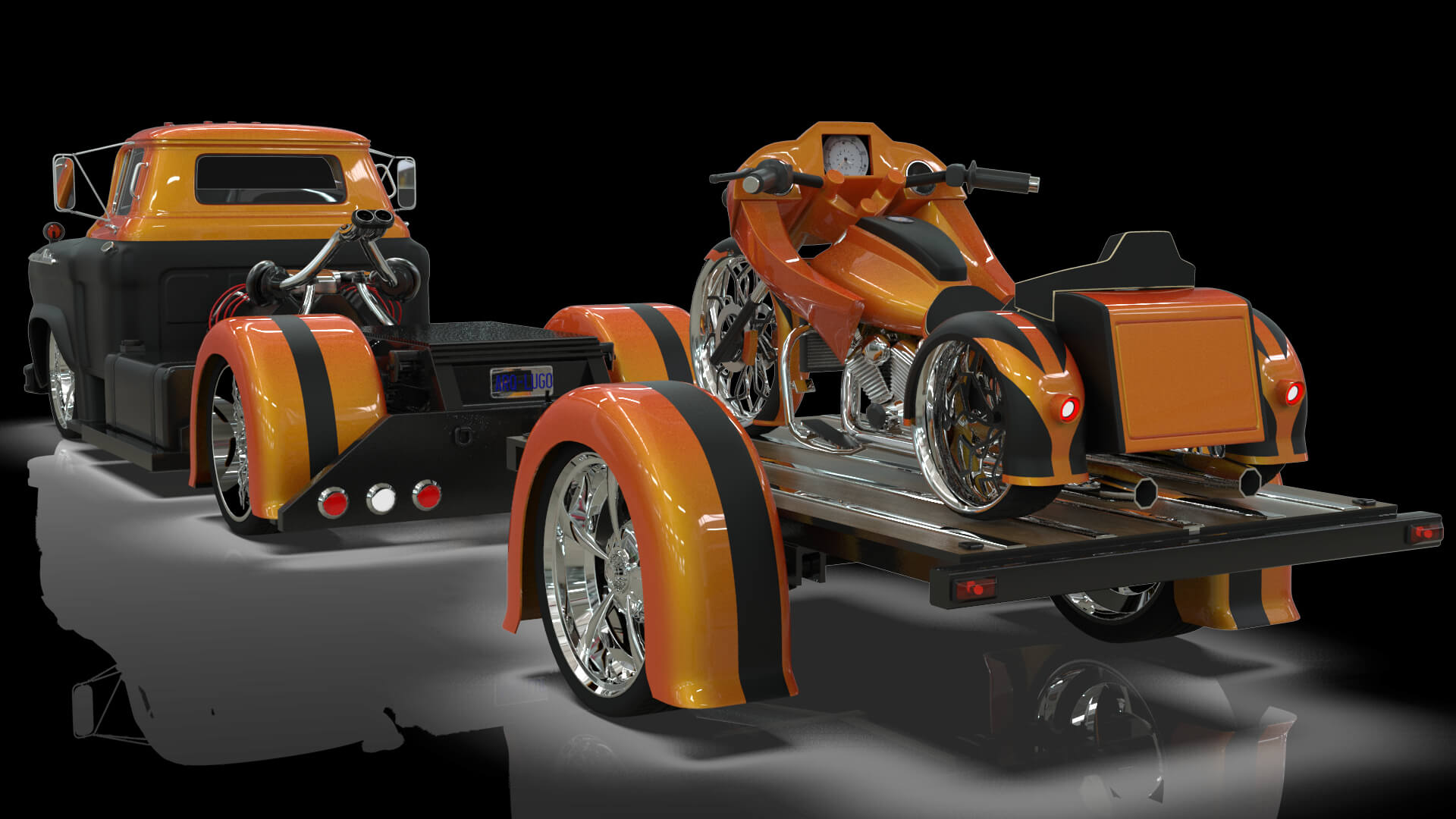 1958 Viking 50 Custom Lowrider Truck with Trailer and Motorc 3D Model