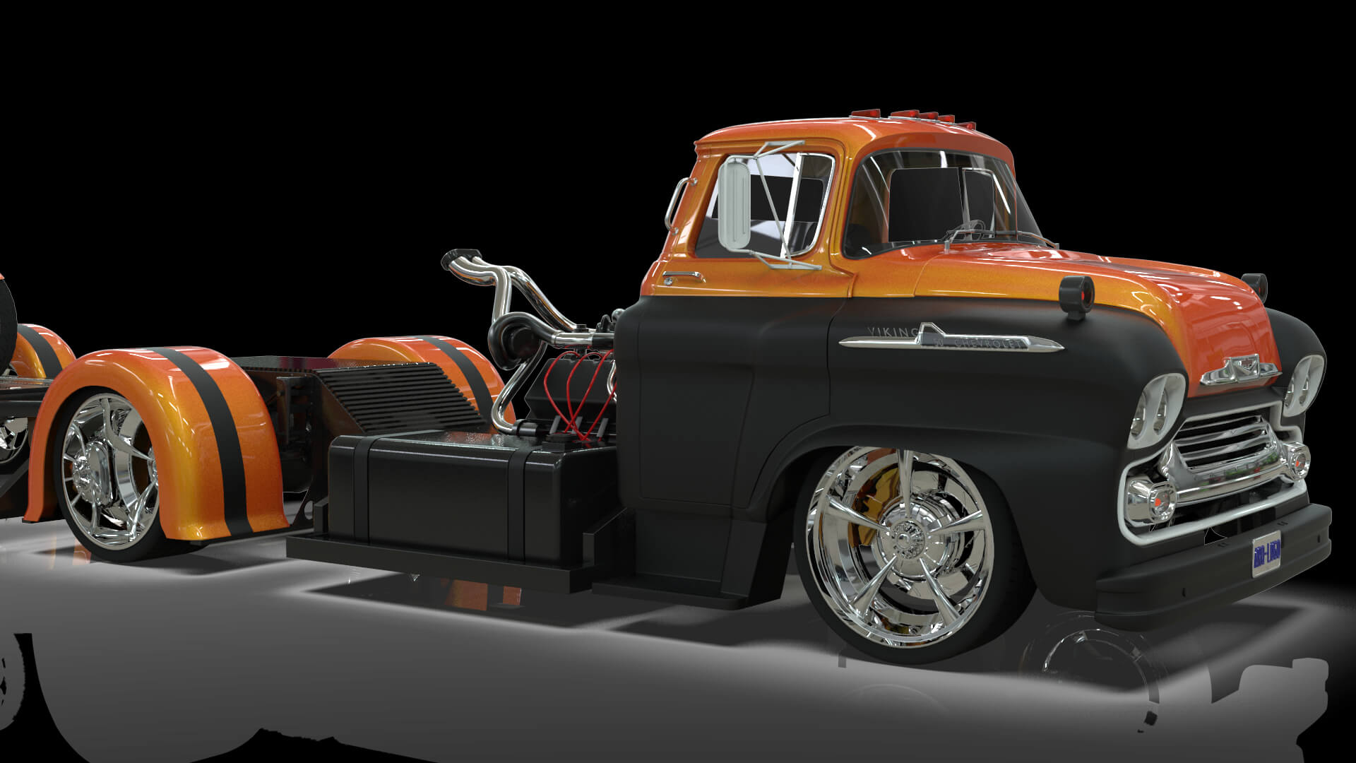 1958 Viking 50 Custom Lowrider Truck with Trailer and Motorc 3D Model
