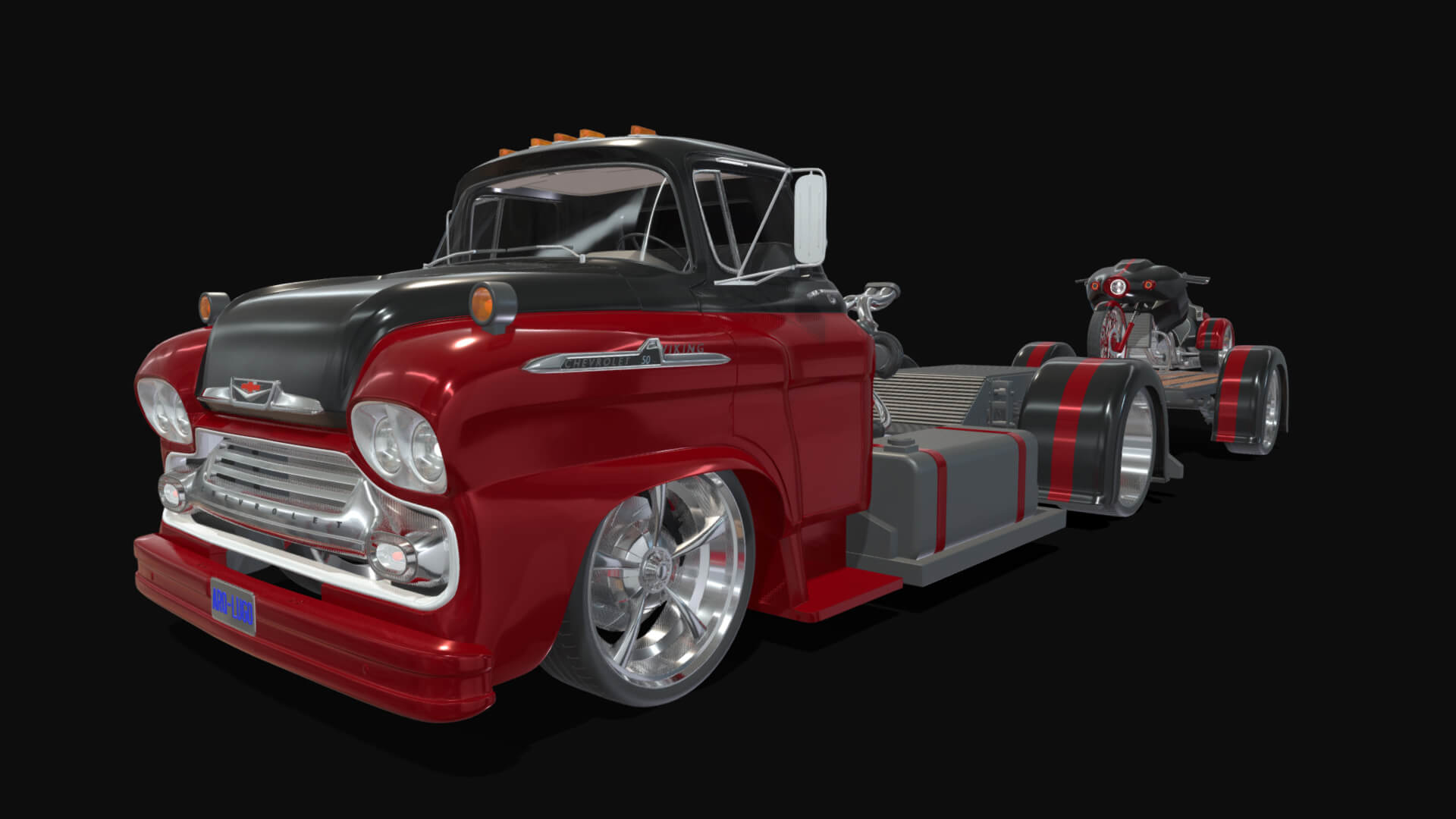 1958 Viking 50 Custom Lowrider Truck with Trailer and Motorc 3D Model