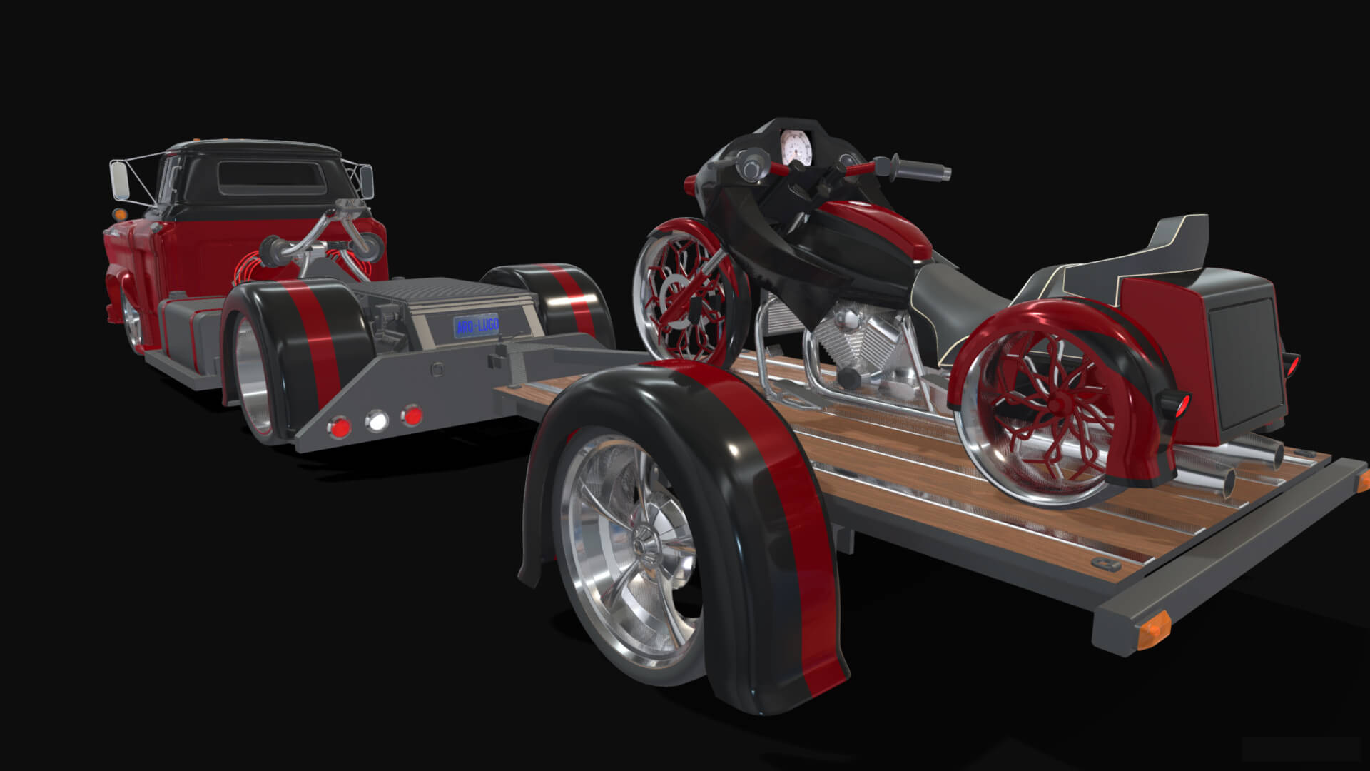 1958 Viking 50 Custom Lowrider Truck with Trailer and Motorc 3D Model