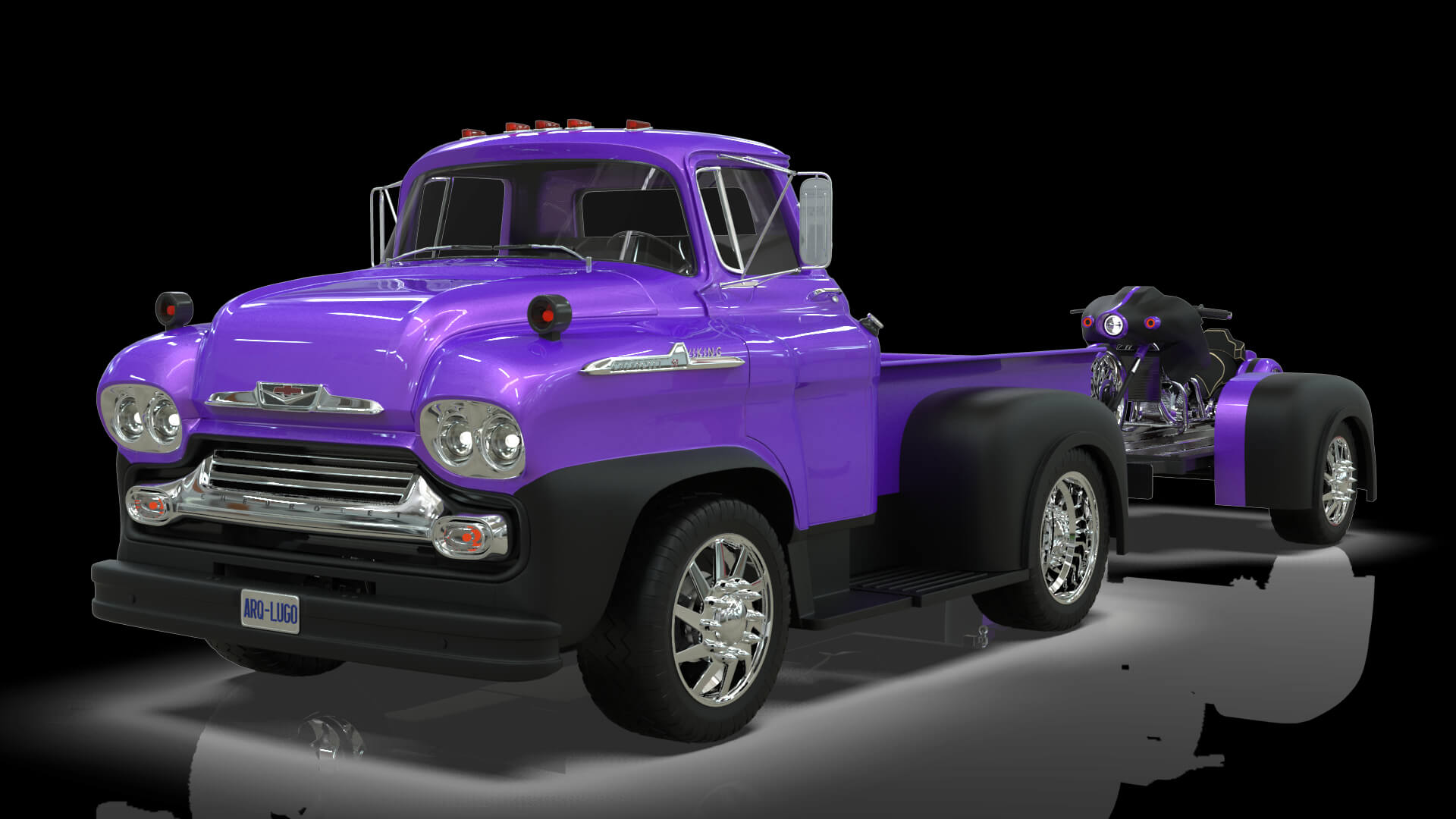 1958 Viking 50 Custom Pickup with Flatbed Trailer and Motorc 3D Model