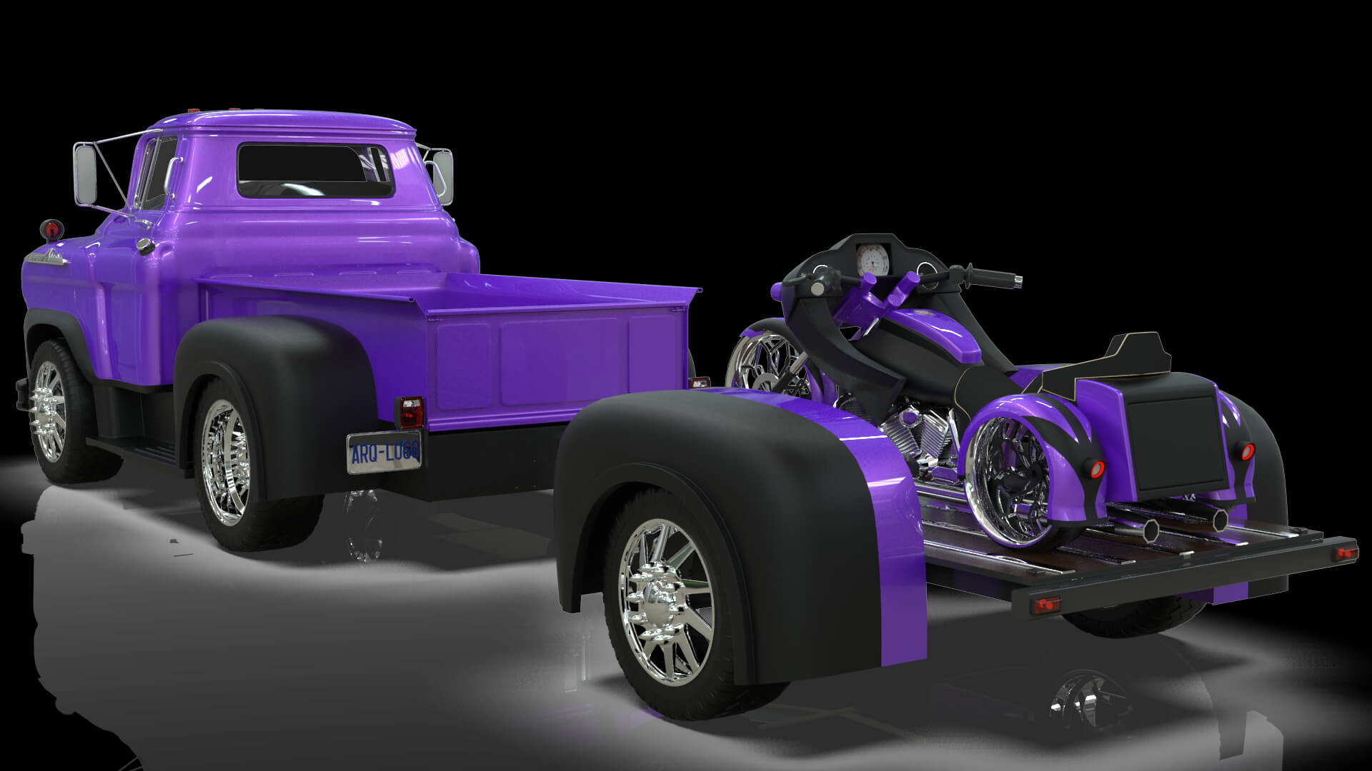 1958 Viking 50 Custom Pickup with Flatbed Trailer and Motorc 3D Model