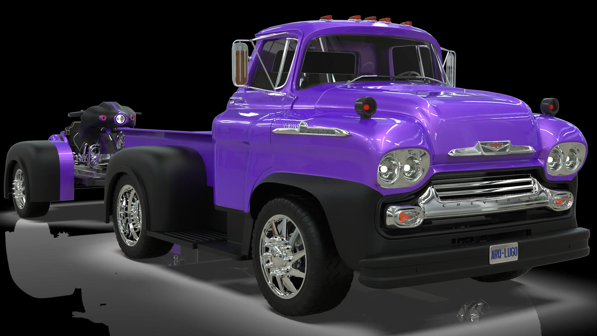 1958 Viking 50 Custom Pickup with Flatbed Trailer and Motorc 3D Model
