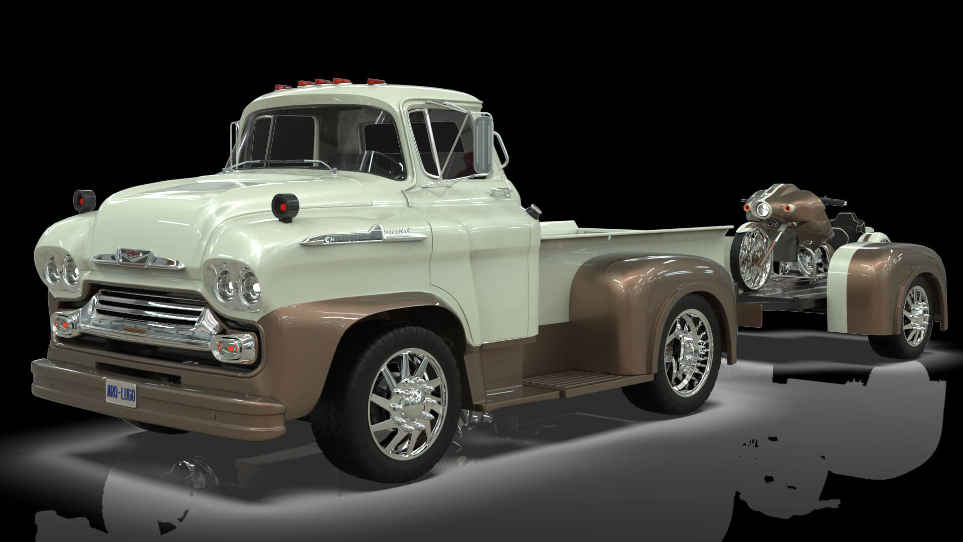 1958 Viking 50 Custom Pickup with Flatbed Trailer and Motorc 3D Model