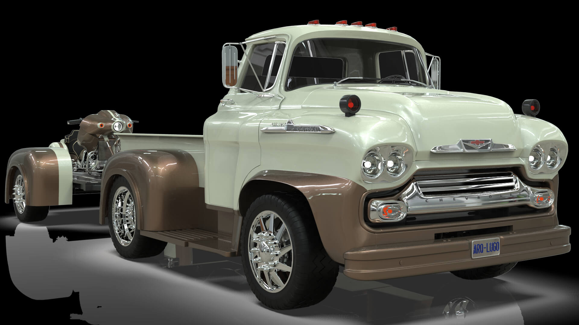 1958 Viking 50 Custom Pickup with Flatbed Trailer and Motorc 3D Model