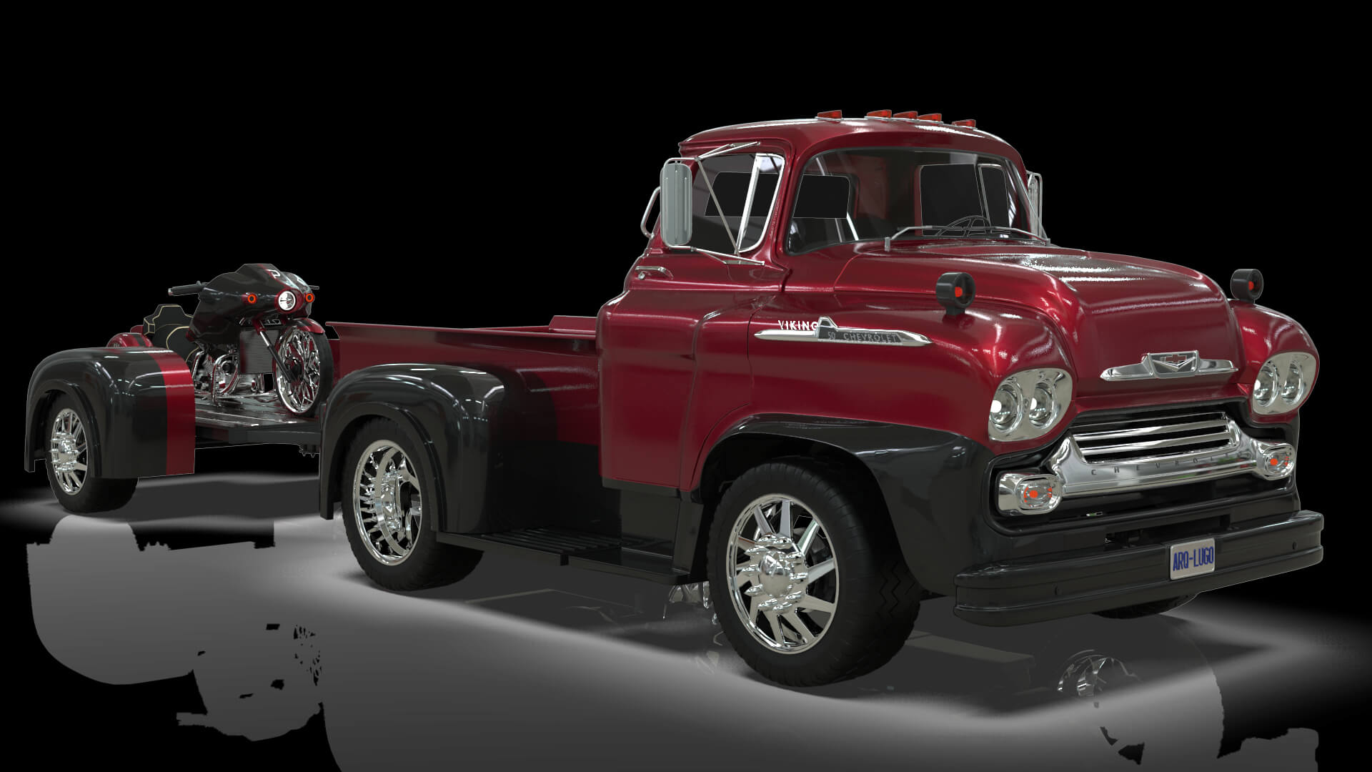 1958 Viking 50 Custom Pickup with Flatbed Trailer and Motorc 3D Model