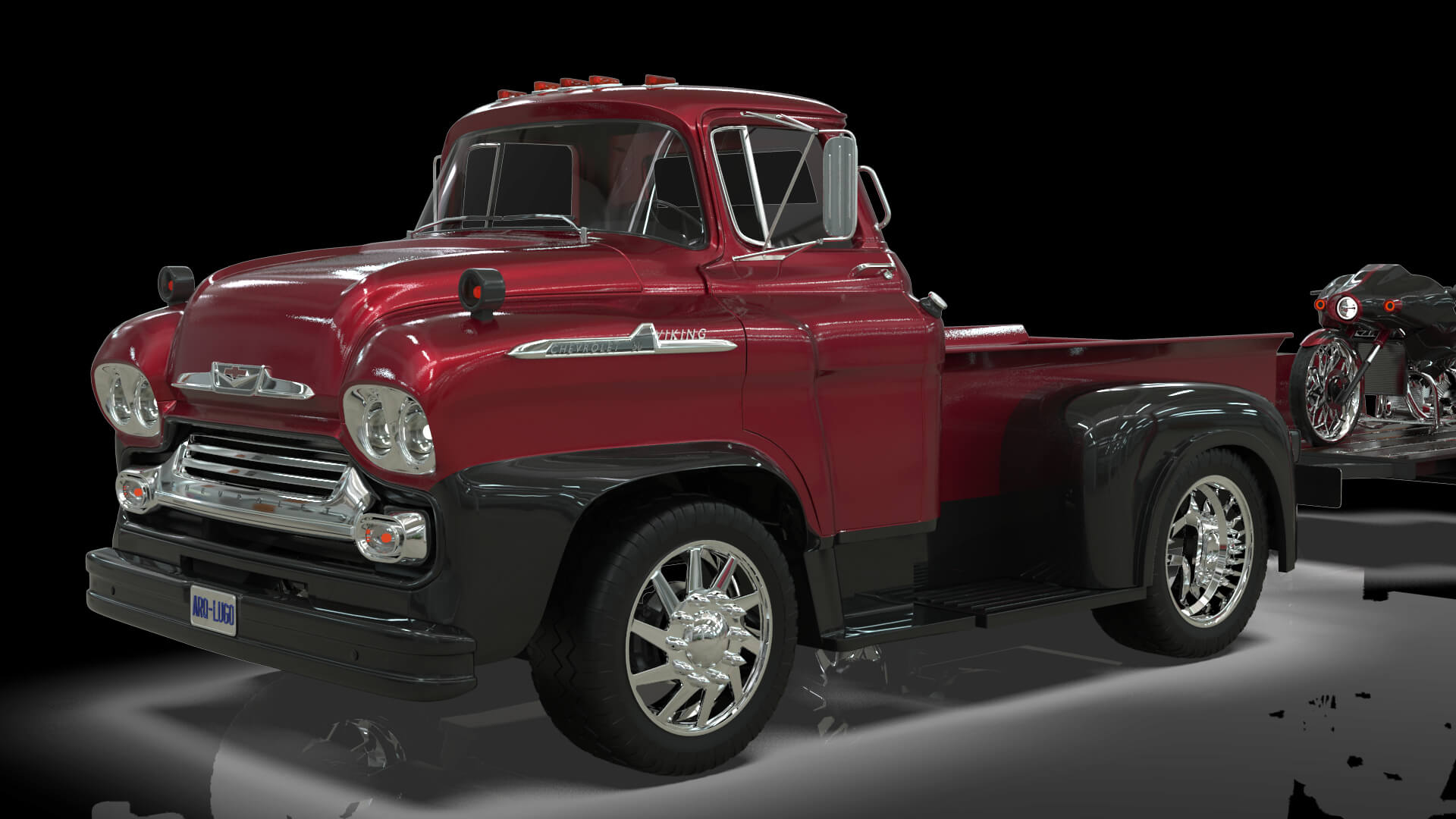 1958 Viking 50 Custom Pickup with Flatbed Trailer and Motorc 3D Model
