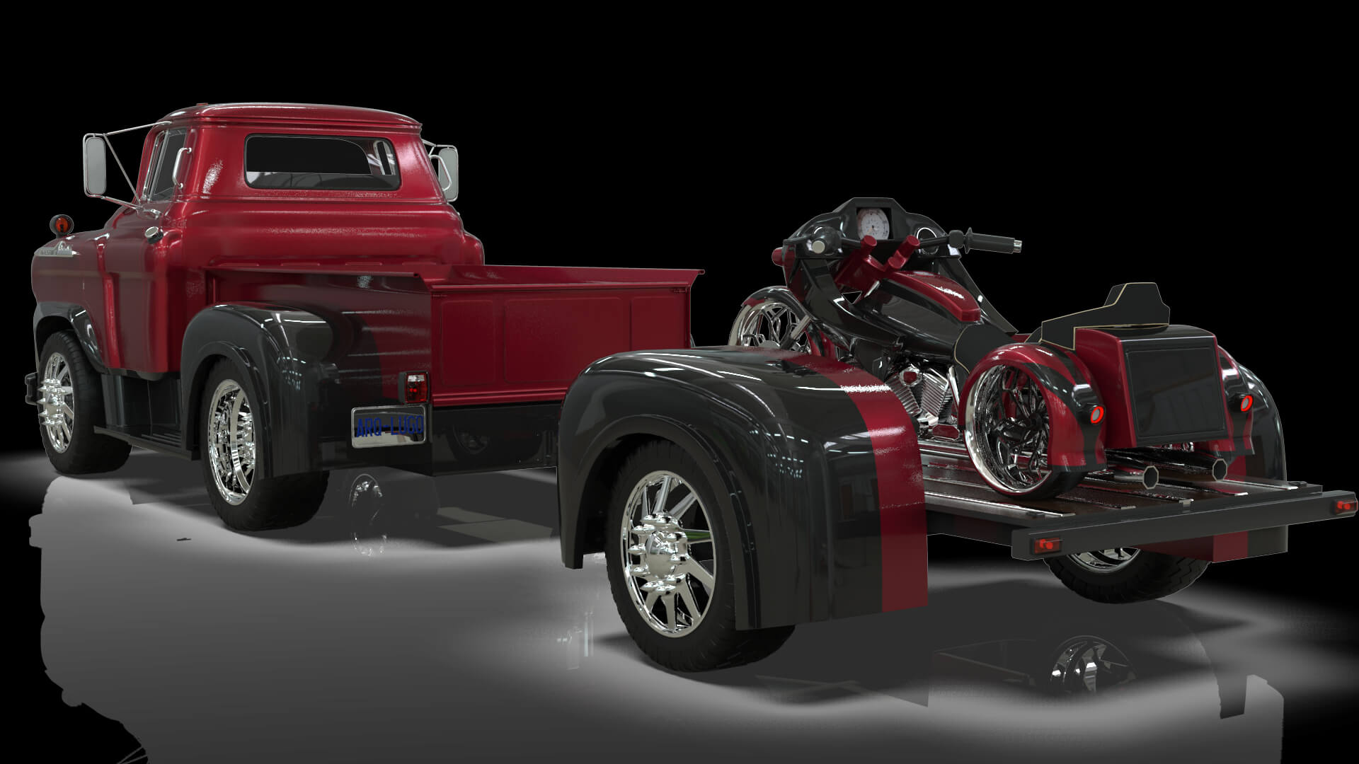 1958 Viking 50 Custom Pickup with Flatbed Trailer and Motorc 3D Model