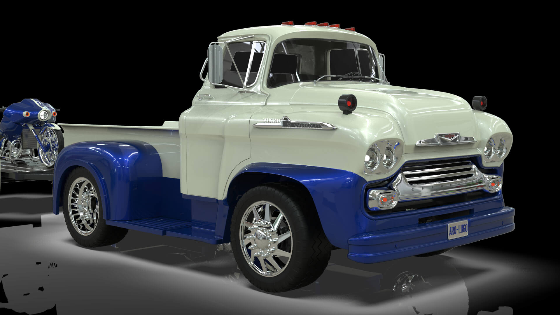 1958 Viking 50 Custom Pickup with Flatbed Trailer and Motorc 3D Model