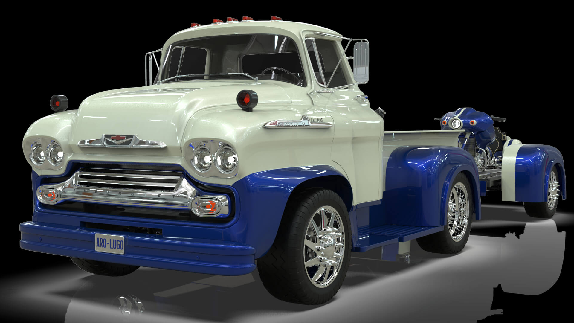 1958 Viking 50 Custom Pickup with Flatbed Trailer and Motorc 3D Model