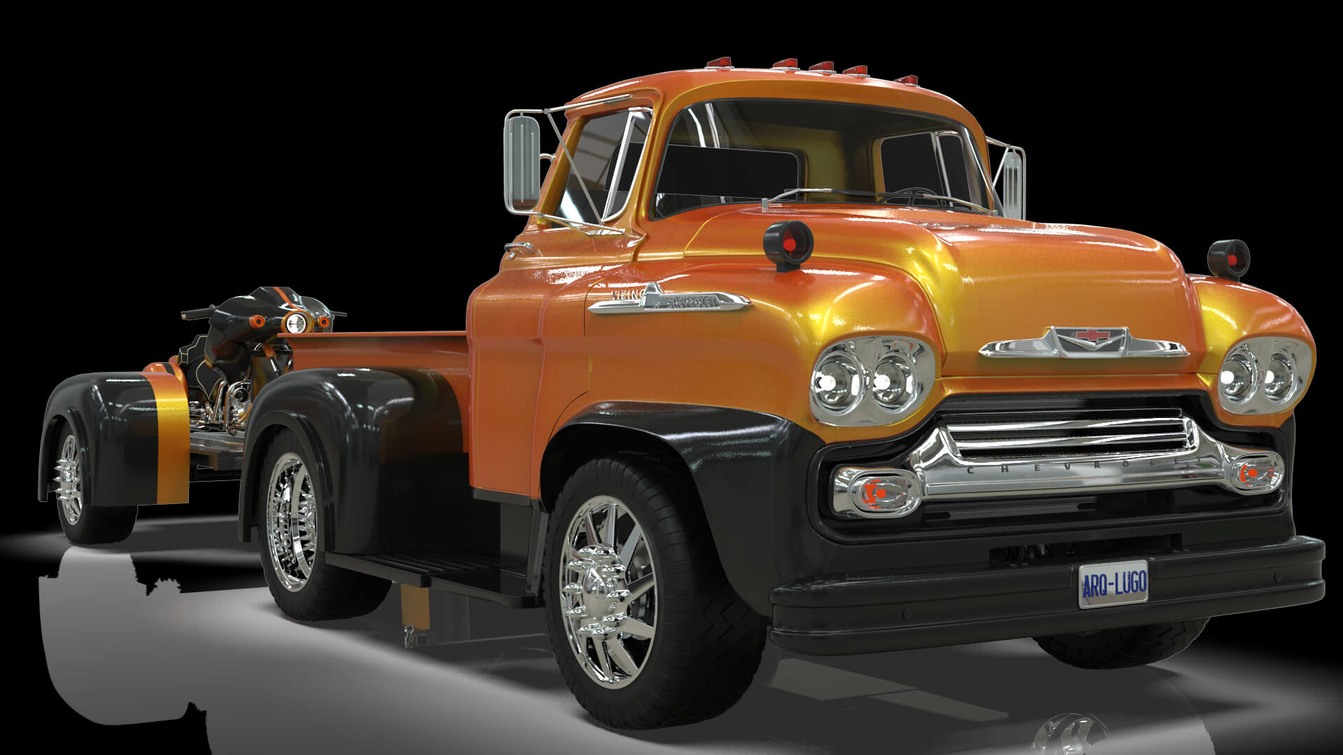 1958 Viking 50 Custom Pickup with Flatbed Trailer and Motorc 3D Model