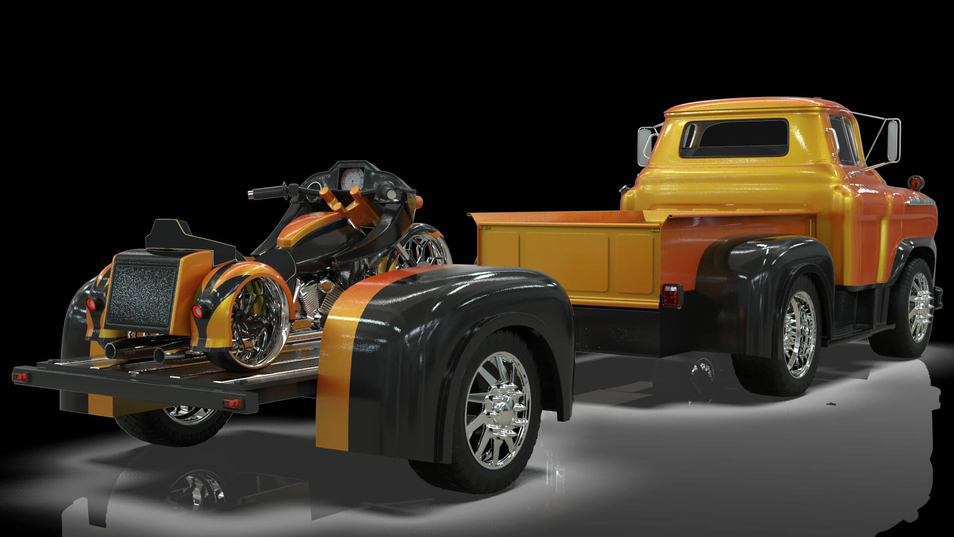 1958 Viking 50 Custom Pickup with Flatbed Trailer and Motorc 3D Model