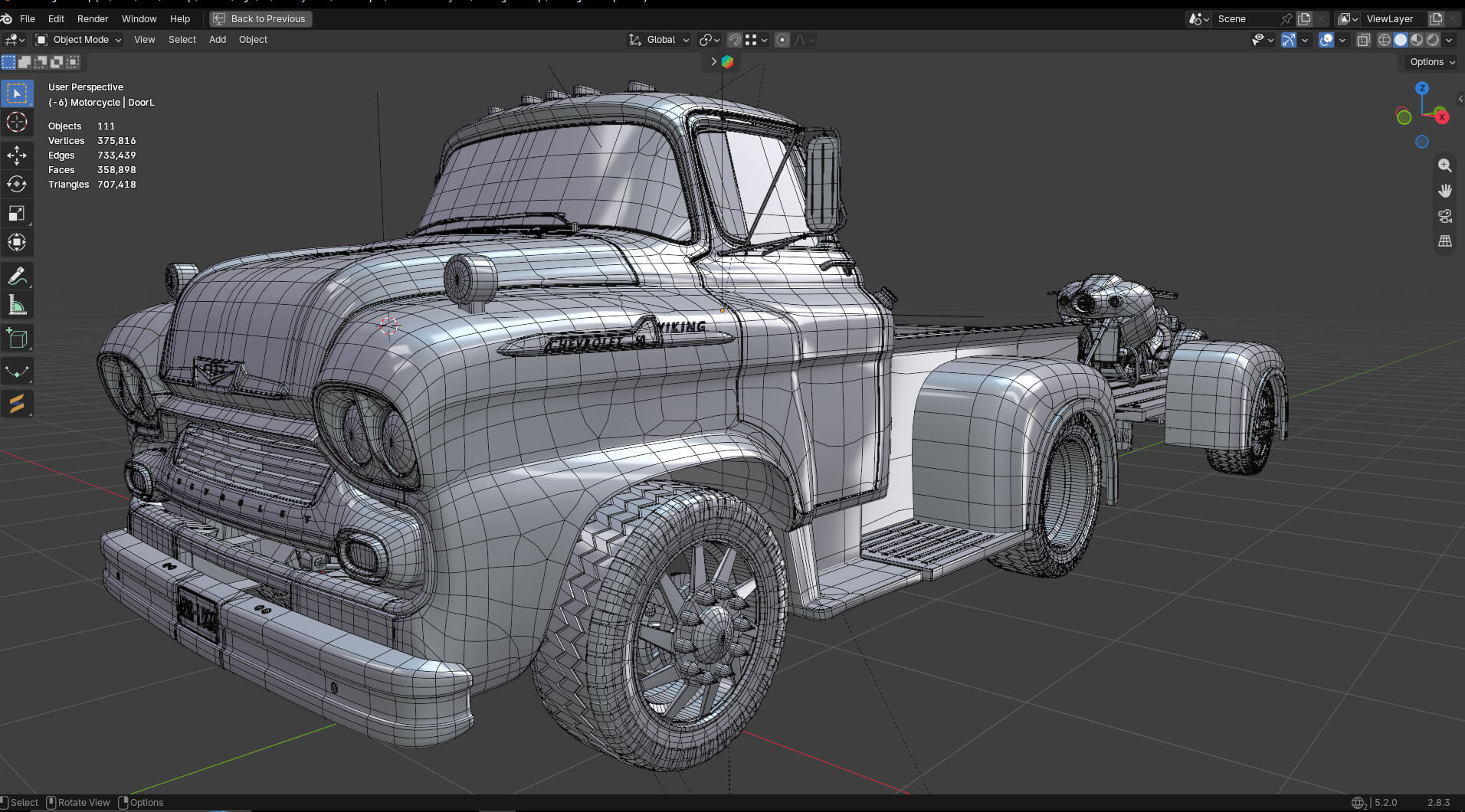 1958 Viking 50 Custom Pickup with Flatbed Trailer and Motorc 3D Model