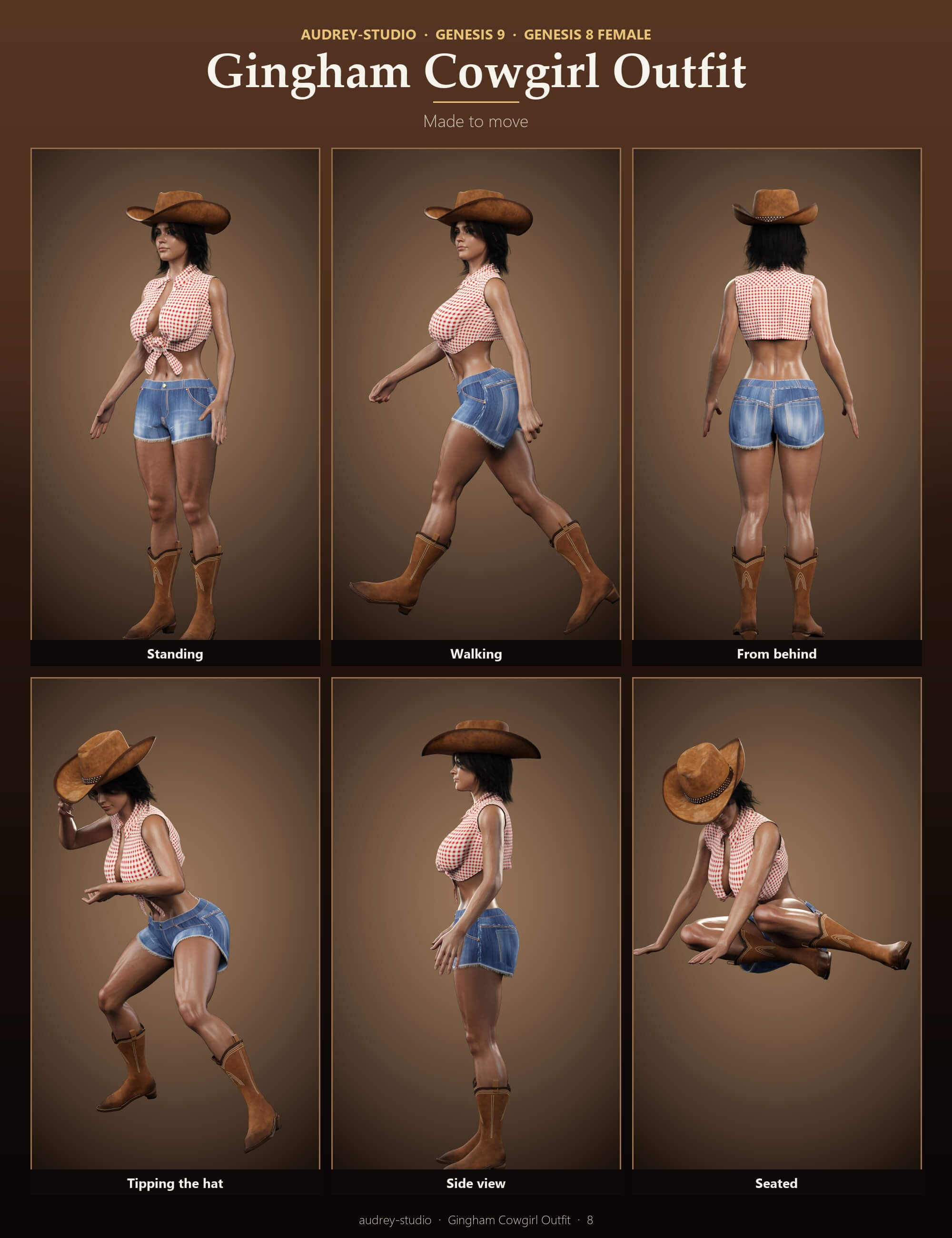 Gingham Cowgirl Outfit for Genesis 9 and Genesis 8 Female Daz Content