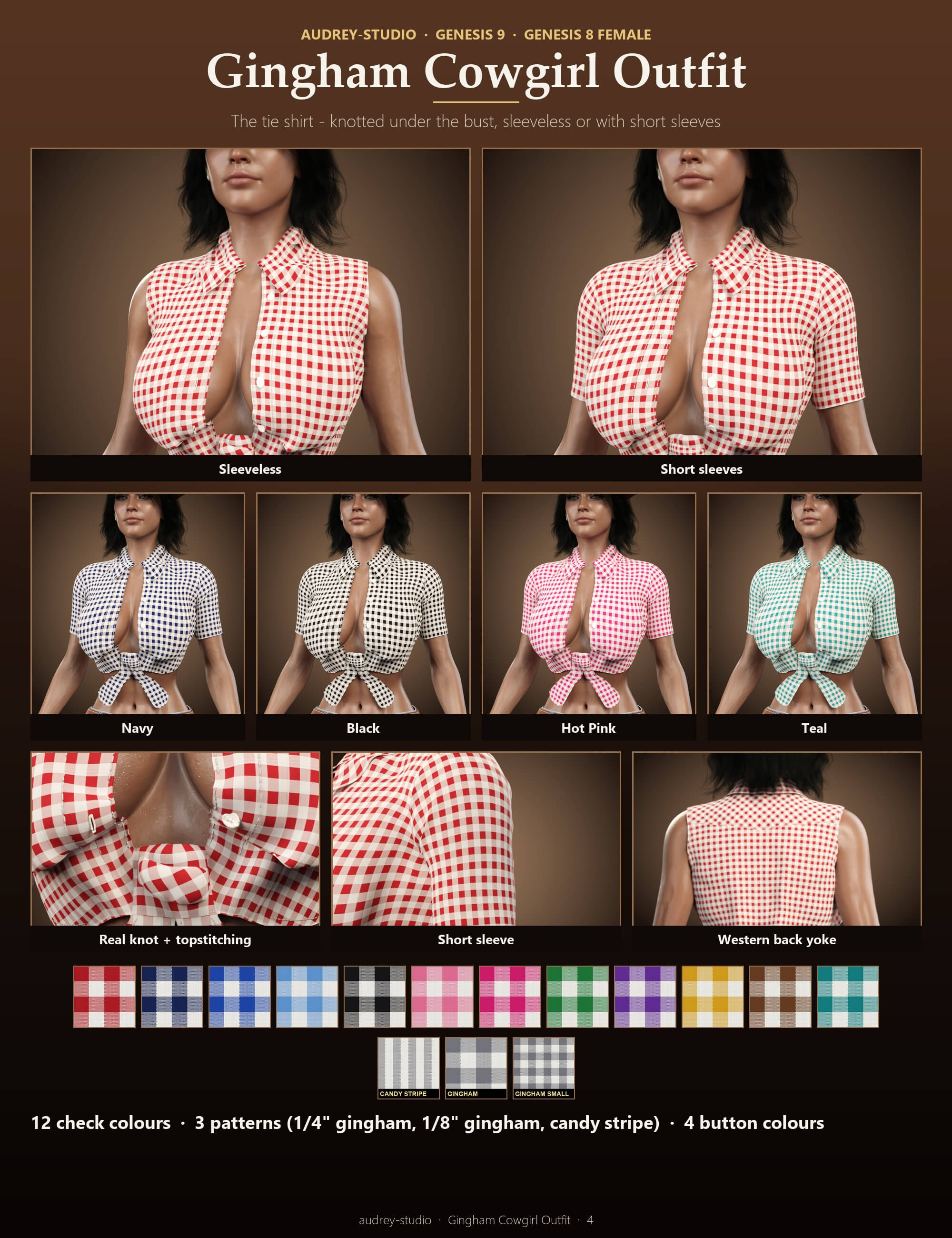 Gingham Cowgirl Outfit for Genesis 9 and Genesis 8 Female Daz Content